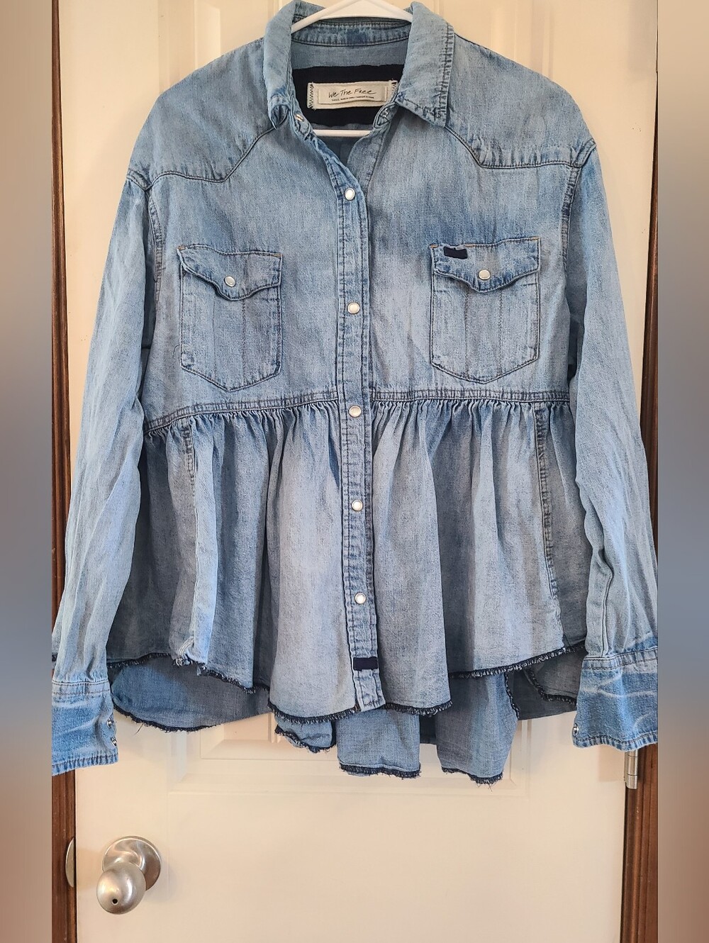 We The Free Light Wash Denim Peplum Button-Up Shirt Size Small
